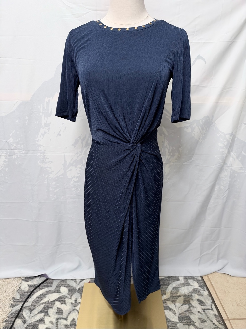 Michael Michael Kors XS Navy Ribbed Twist Front Studded Midi Dress